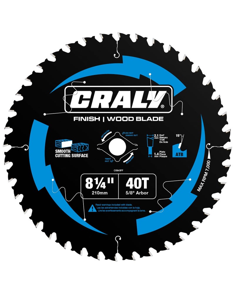 CRALY 8-1/4 Inch 40 Teeth Fine Finish Wood Cutting Circular Saw Blade, 5/8 Inch Arbor, Carbide Tipped, Thin Kerf, Black Ice™ Coating, for Plywood, MDF, OSB, Laminated(C0840FF) - Image 1